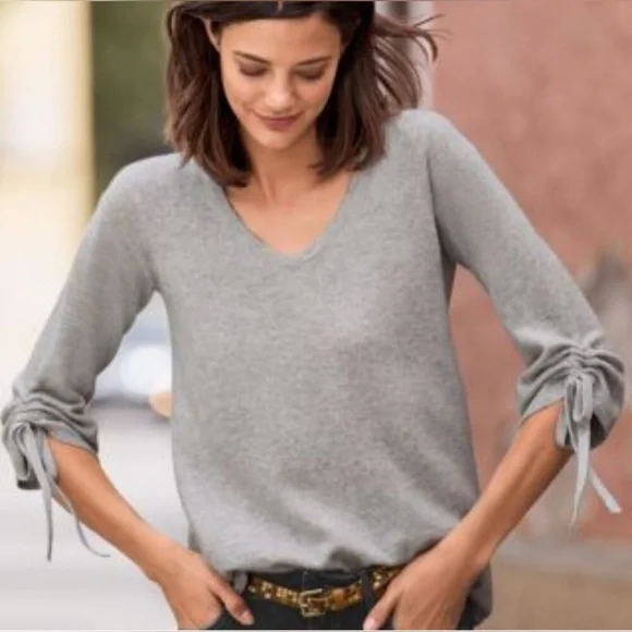 Garnet Hill MAUVE Cashmere Tie-Sleeve V-Neck Sweater - Picture 1 of 14